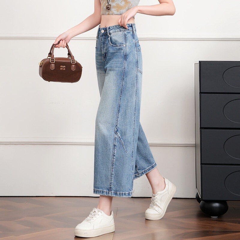 Women's Denim Bell-Bottom Pants Summer 2026 New High-Waisted Slimming Fashion Thin Balloon Pants Cropped Pants for Petite Figures Wide-Leg Pants