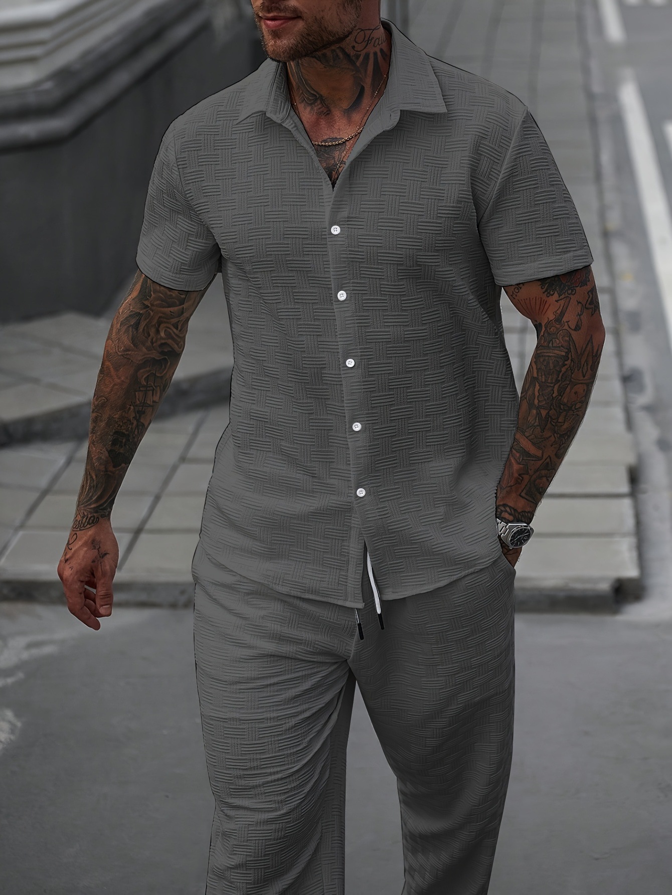 Men's Solid Color Summer Casual Set Single-Breasted Short Sleeve Shirt And Pants Outfit_viptrois.com