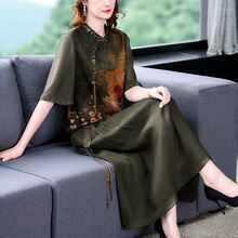 新中式香云纱套装真丝连衣裙两件套妈妈婚宴桑蚕丝喜婆婆礼服裙子