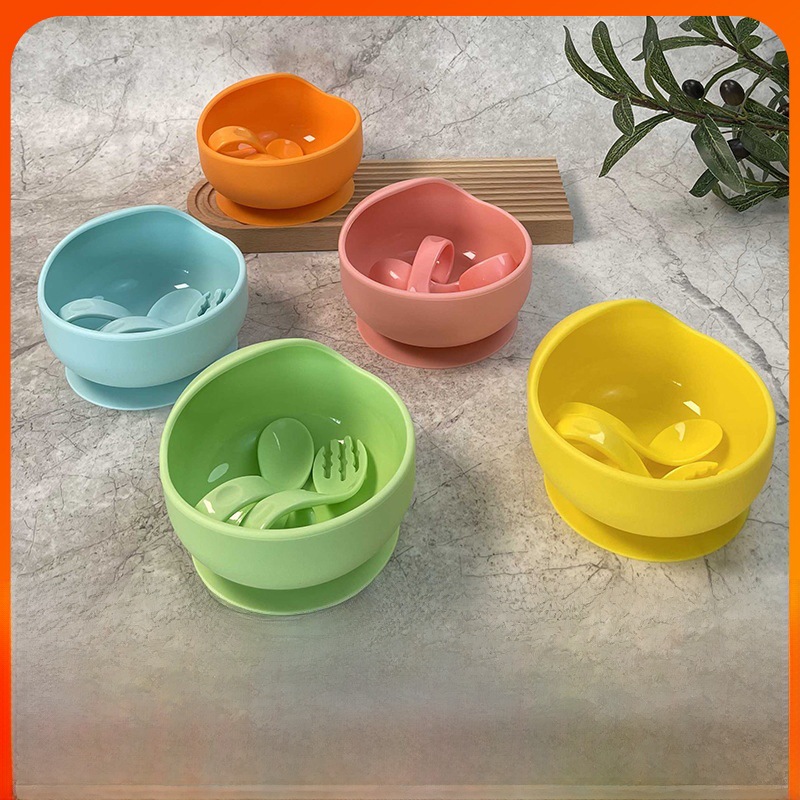 Food-Grade Silicone Snail-Shaped Feeding Bowl with Suction Cup, Anti-Fall Bent Handle Fork and Spoon Set, Baby Self-Feeding Utensils