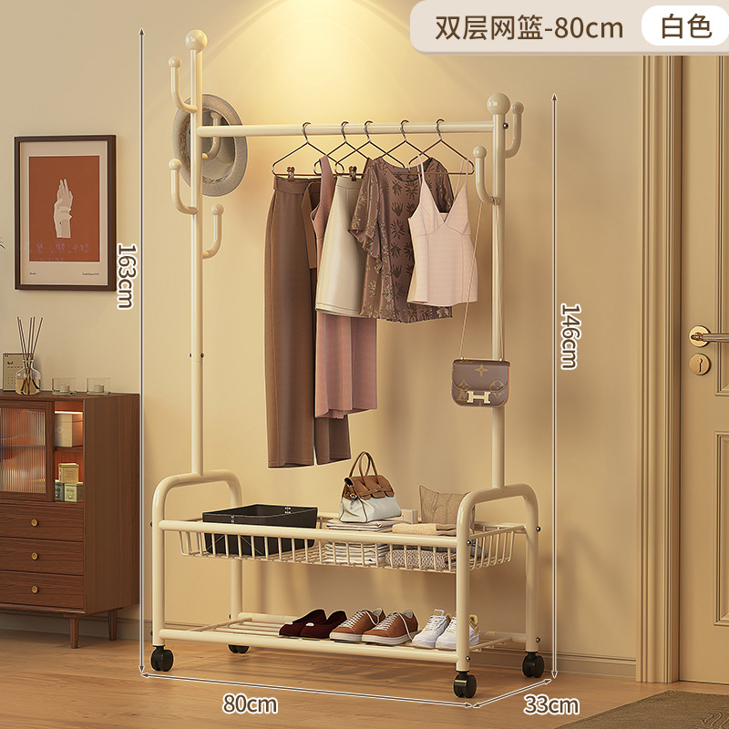 80cm 더블 레이어 메쉬 바스켓 - 크림 화이트 + 후크 6개 + 금속 범용 휠