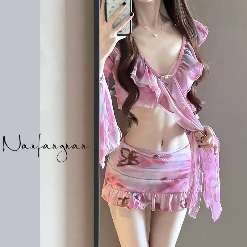 Купальник, sexy разделенный поддерживающий пляжный комплект, набор из 4 предметов, облегающий