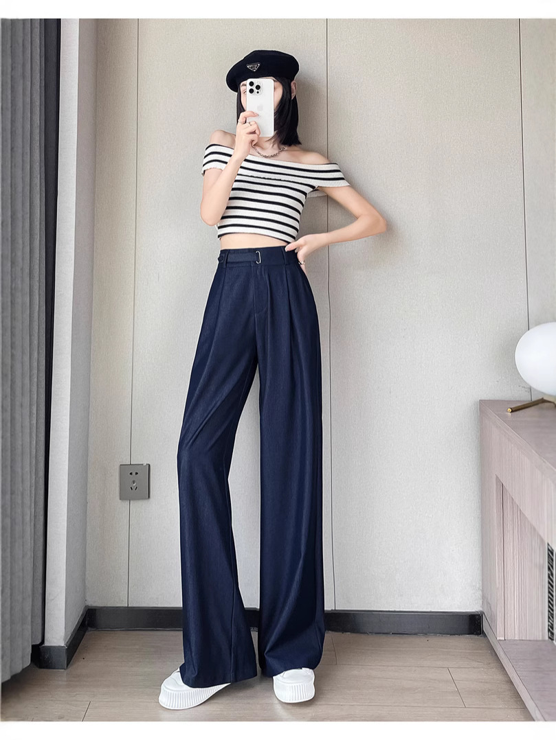 Quần jean nữ ống rộng cạp cao chất liệu mát lạnh — màu xanh đậm