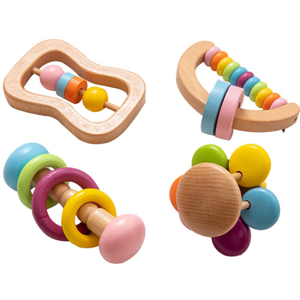 Weiweihu Sonajero de madera de cuatro piezas Música para bebés Educación temprana Iluminación Orff Instrumento musical Juguete de campana de agarre de mano para bebés