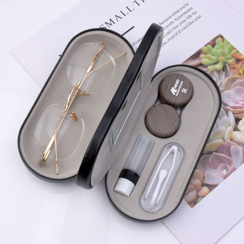 Wood grain glasses case double-layer dual-use two-in-one fashion compression-resistant multi-function storage frame portable contact lenses