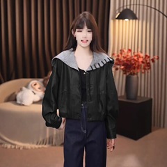 时尚海军领短款皮衣外套女2025秋季新款洋气宽松显瘦PU皮夹克上衣