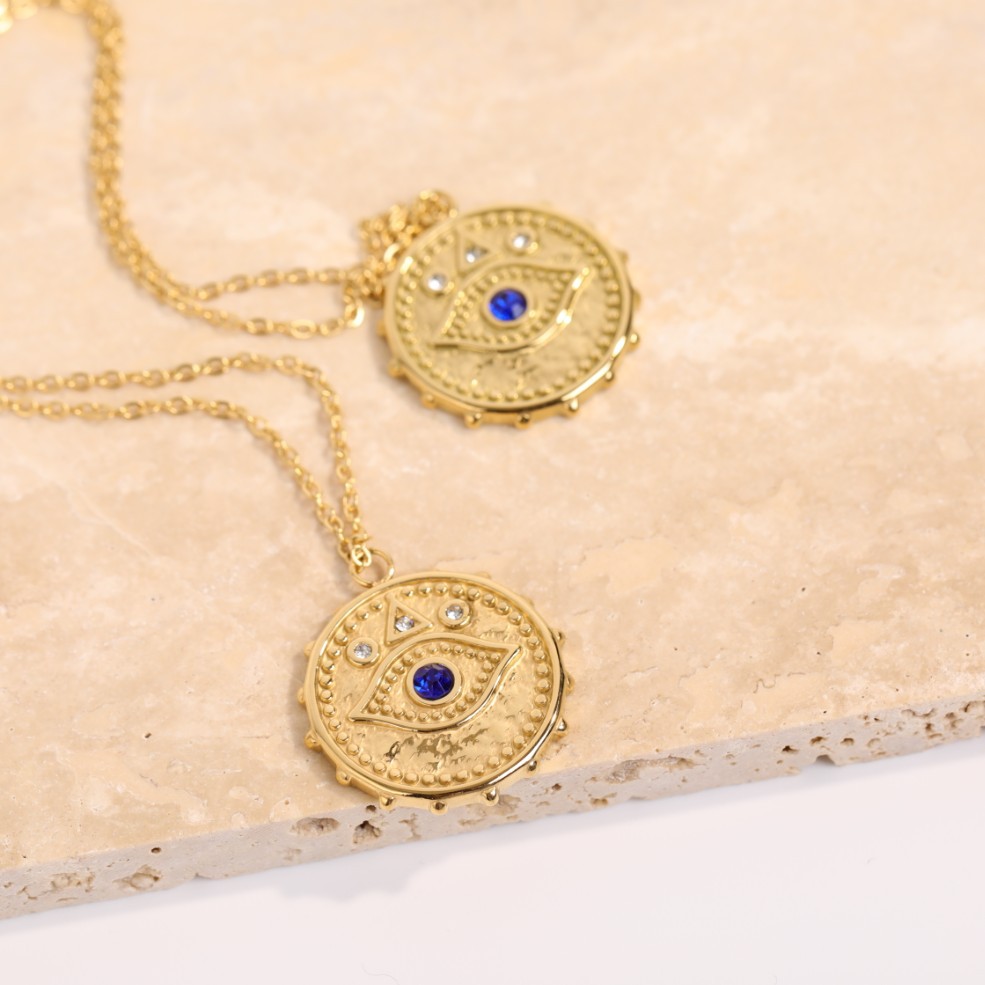 Devilu0027s Eye Diamond Circle Pendant Necklace Jewelry 18K Gold Plated Titanium Steel