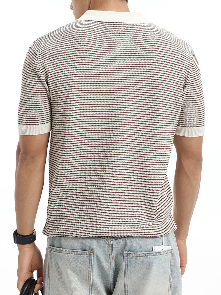 2026 hombre de verano alto sentido rayas polo de punto de manga corta hombre viejo dinero con solapa de negocios casuales chaqueta de hombre