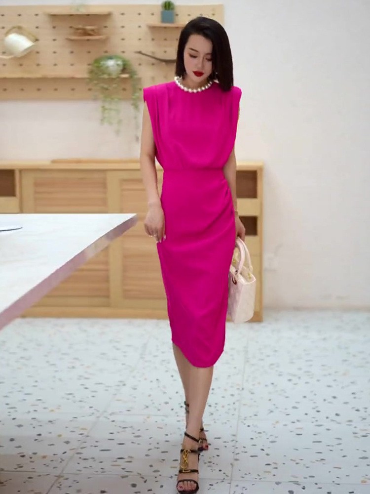 Đầm ôm body nữ lưng trần phong cách Pháp tay ngắn mùa hè — Váy hồng hoa hồng, váy đen chi tiết 7