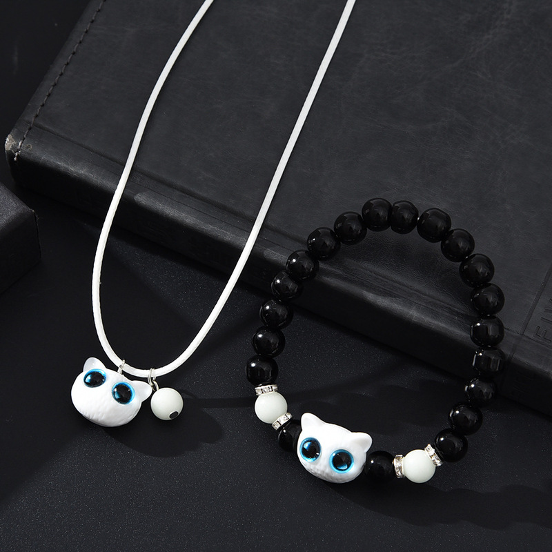 ホットセールチーズかわいい子猫発光ブレスレットネックレスライブホットセールカップル漫画小さな黒猫アクセサリーネックレス|undefined