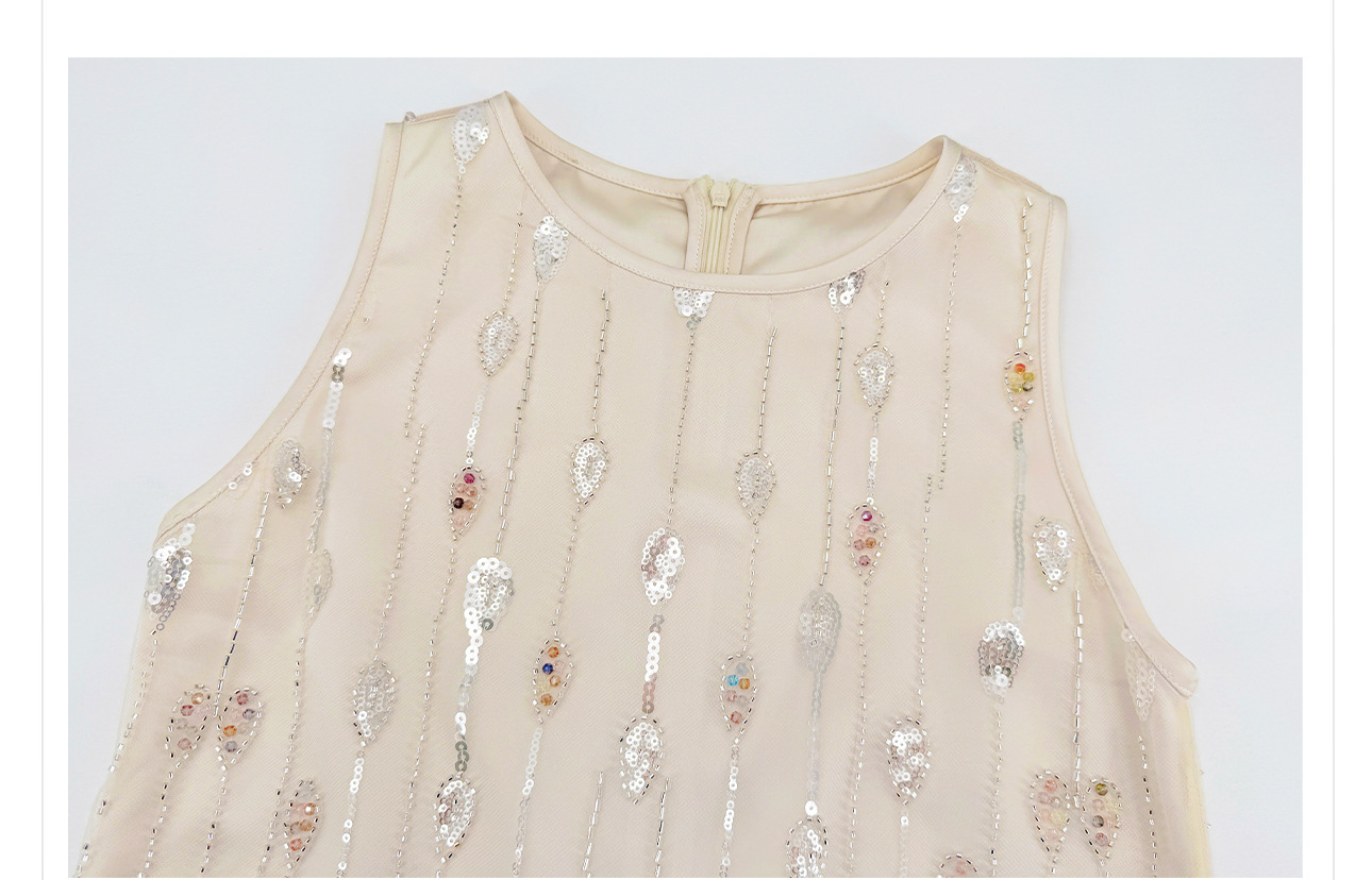 Đầm suông nữ midi không tay phong cách tân cổ điển Trung Quốc, họa tiết sequin lấp lánh — màu trắng ngà chi tiết 14
