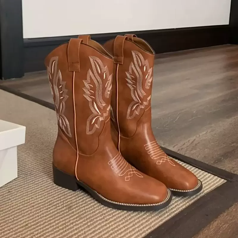 牛皮版~2024年新款真皮刺绣牛仔靴女中筒马丁靴粗跟切尔西短靴子