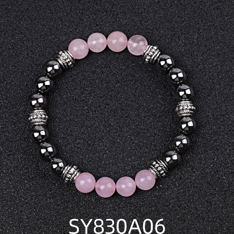 SY830A06 Rose Quartz + Black Iron Ore Drum Bead Bracelet