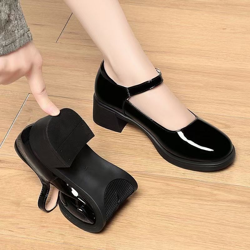 2026 primavera y otoño nuevos zapatos de cuero suave brillante, zapatos de talón grueso y medio cómodos, antideslizantes, zapatos de cabeza redonda superficiales