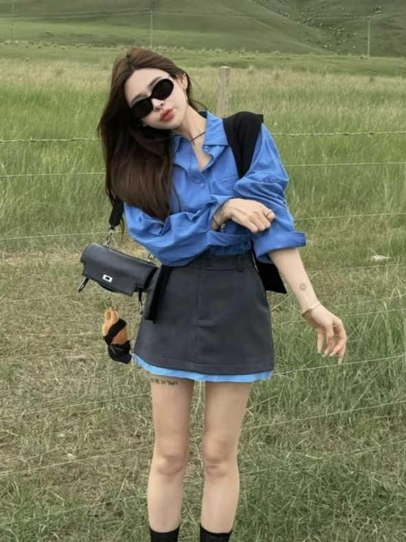 米娜家草原娜日太泡菜DZ灰色蓝边西装半裙➕衬衣|undefined