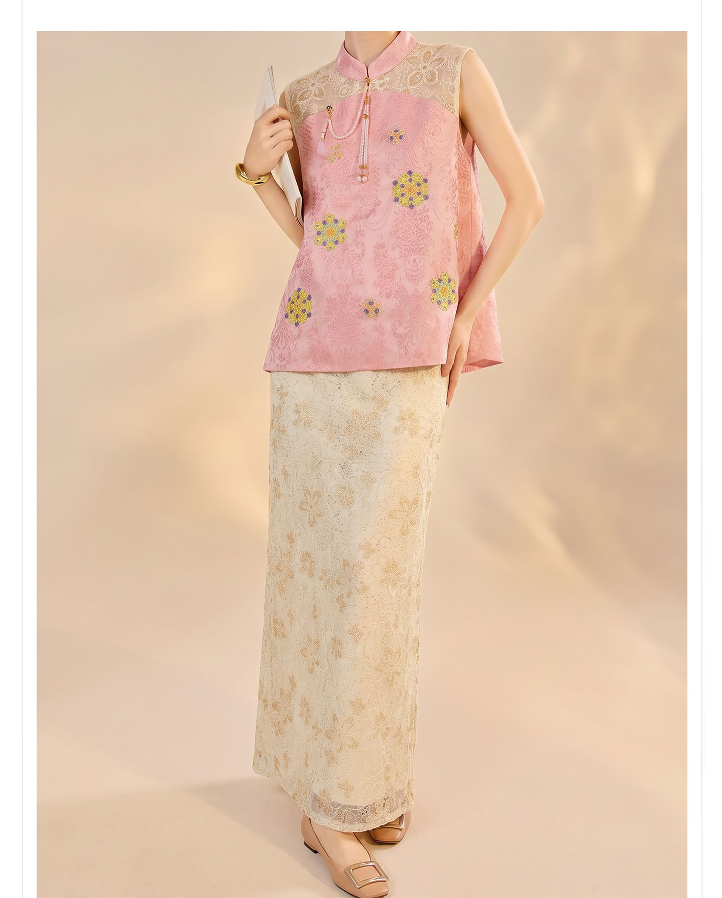 Bộ áo gile ren thêu hoa kết hợp chân váy midi phong cách Tân Trung Quốc mùa hè — bộ đồ, nửa váy, Trang chủ chi tiết 4