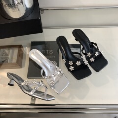 106-8~2024年夏季新款交叉帶露趾法式方頭氣質中高跟涼拖鞋女外穿