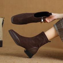 33--43大码女靴子韩版中跟短靴新款绒面中筒靴弹力瘦瘦靴跨境外贸