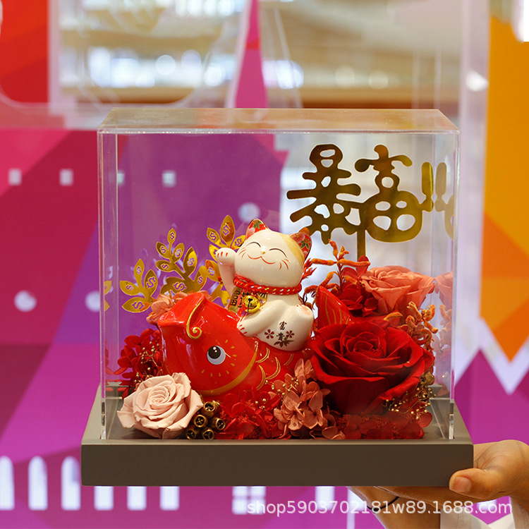 Cerámica gato afortunado koi regalo para novia regalo de cumpleaños rosa al por mayor regalo del Día de San Valentín flor seca flor eterna