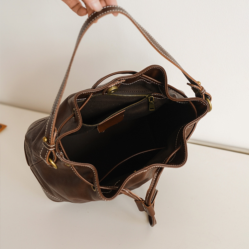 Niche Design Women's Commuter Fashion Genuine Leather Bucket Bag Luxury Chinese Style Large Capacity Crossbody Cowhide Bag - Thumbnail 4