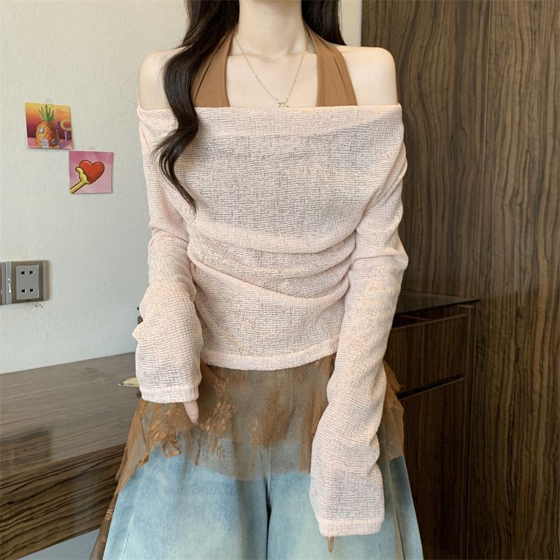 2025年早秋爆款辣妹荡领长袖不规则恤女蕾丝吊带网红叠穿两件套|undefined