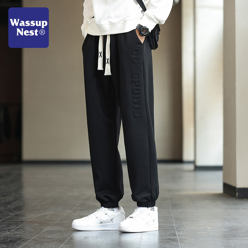 WASSUP plus size Casual Pants Men's Autumn and Winter All-match fleece-lined Thickened Sweat Pants Loose Trendy Steel-printed Leg Trousers