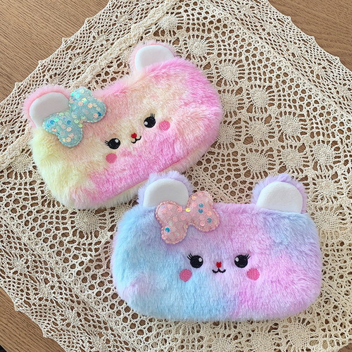New Cute Colorful Bow Bear Pencil Case Fuzzy Girly Student Pencil Supply Bag Gift Wholesale