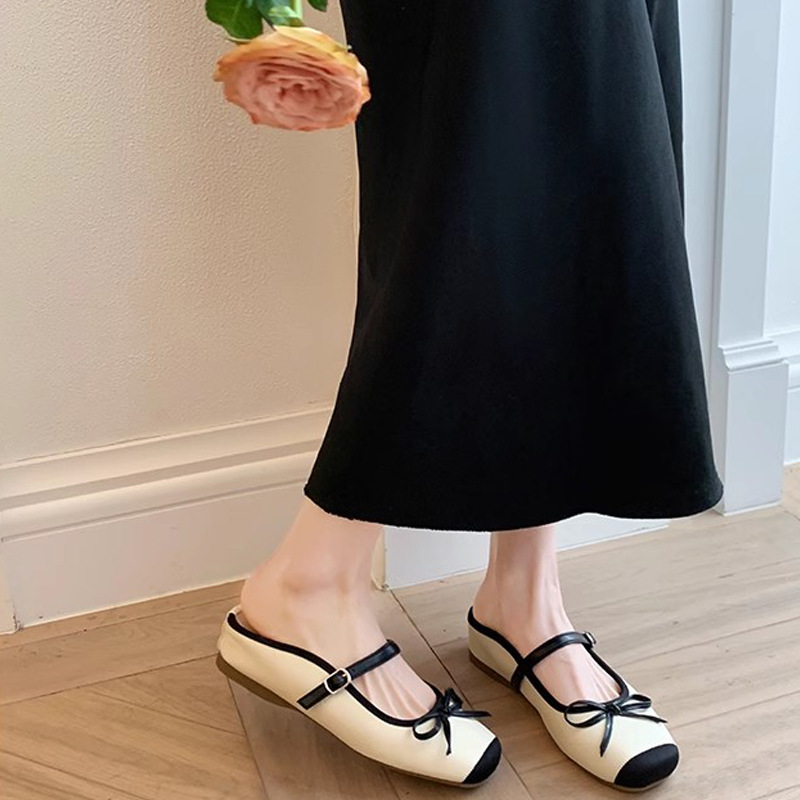 Grape Mom French Inner Aumentar el lazo de una palabra Boca baja Ballet Half-drag Zapatos individuales Mujeres Nuevo