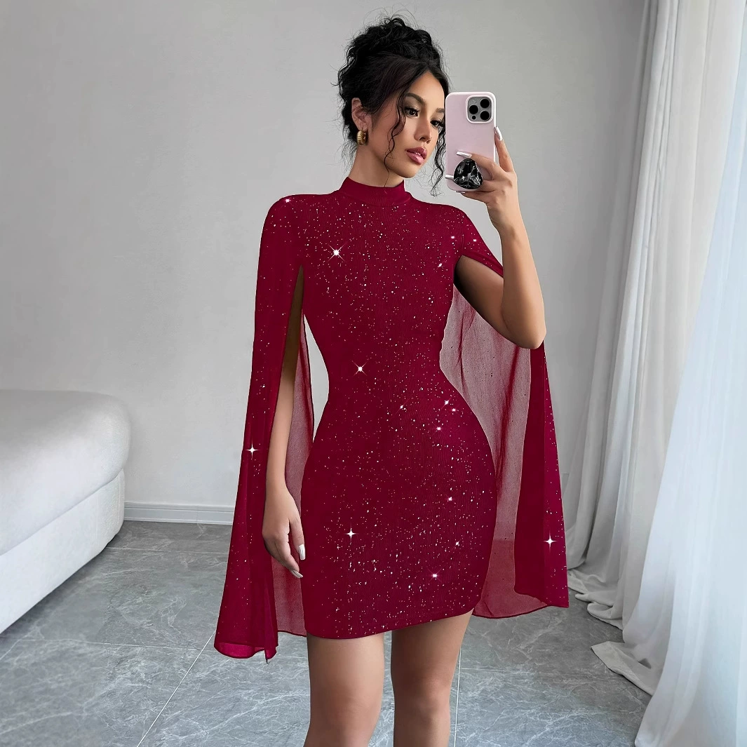 Spot 2024 Amazon AliExpress новый трансграничный европейский и американский воротник плащ рукава блеск мини-платье