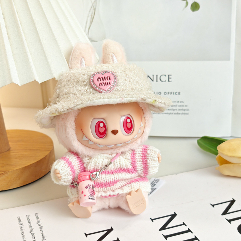 17 センチメートルビニールぬいぐるみマカロンラブブ LABUBU ベビー服ピンクのガーゼスカートヘアアクセサリー交換服|undefined