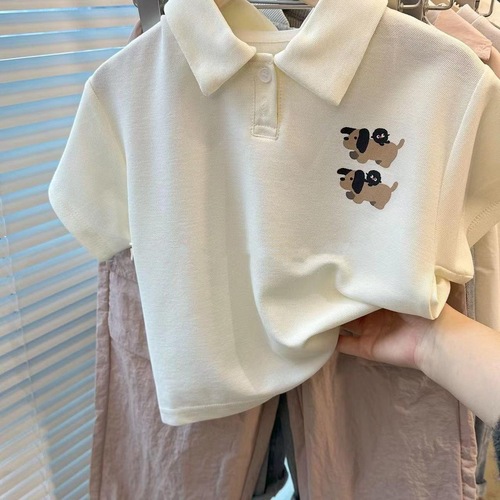 Korean children's summer T-shirt for middle kids 2024, polo collar, loose and casual, turn-up collar top for students