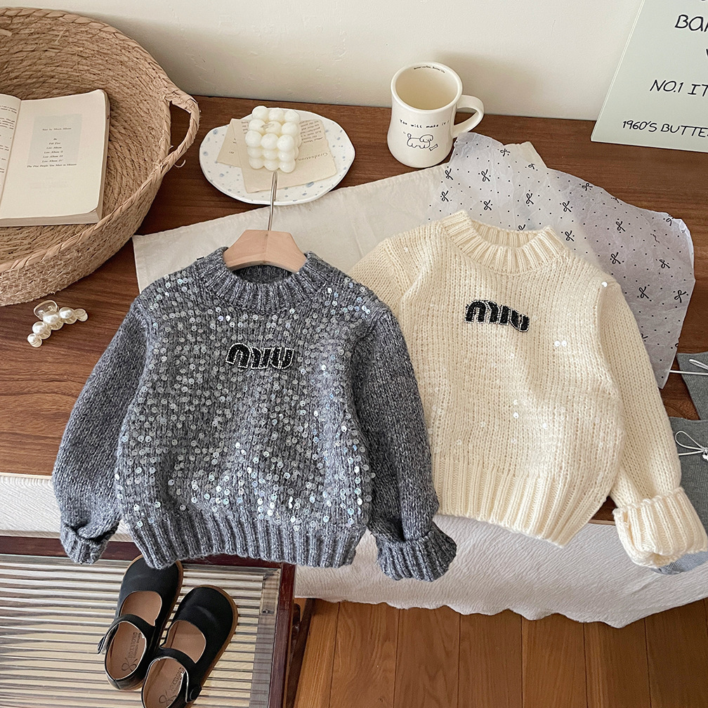 韩国女童装2025秋冬新款套头上衣女童潮范重工亮片字母刺绣毛衣衫