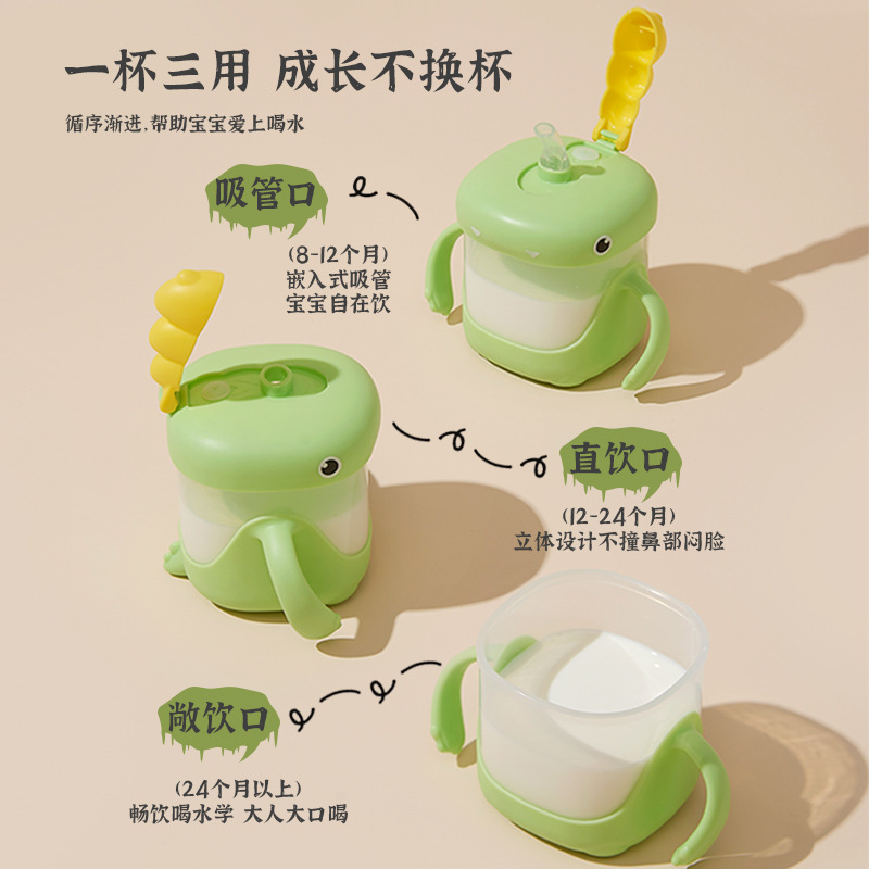 Dinosaurio de dibujos animados taza de aprendizaje infantil con mango, escala de jardín de infantes, taza de paja para bebés, taza de leche, regalo de leche