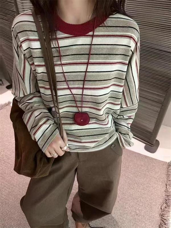 撞色条纹洋气复古长袖T恤女2025早秋新款圆领宽松休闲百搭上衣潮|undefined