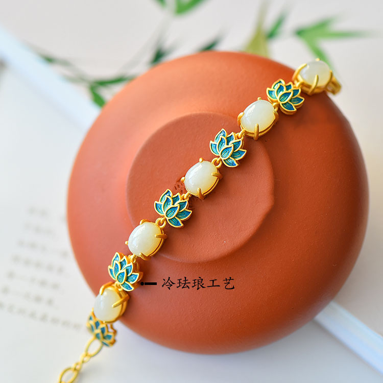 Retro Imitation Natural Jade Lotus Enamel Thick Frosted Copper Bracelet display picture 2