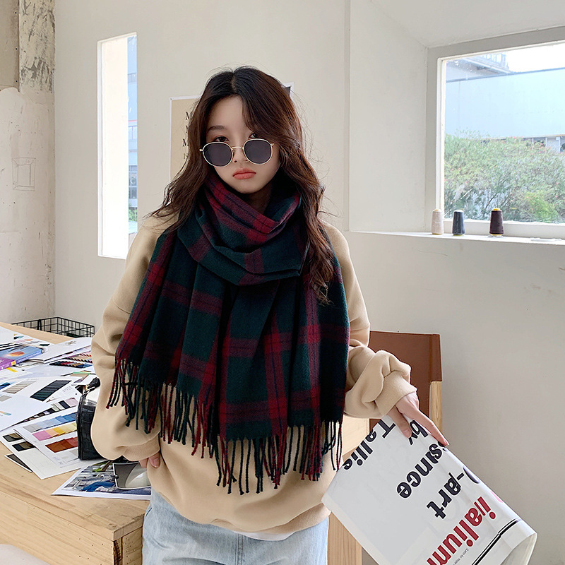 Faux Cashmere Lattice Print Fringed Scarf NSCM101573