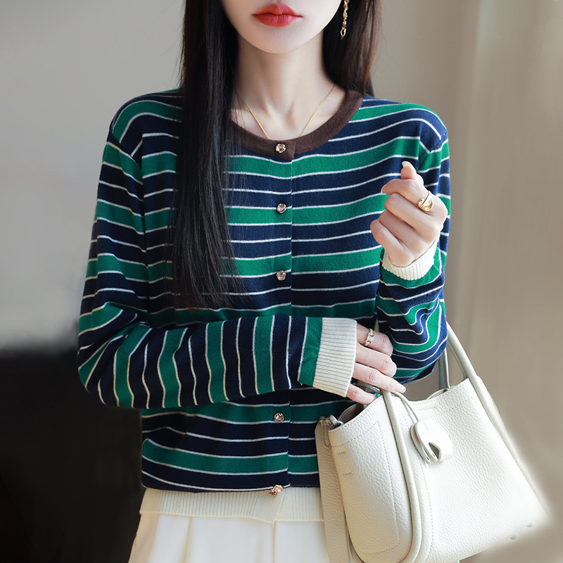 2025 Early Autumn New Worsted Wool Round Neck Knitted Cardigan Color Block Stripesd Loose Versatile Top Jacket for Women