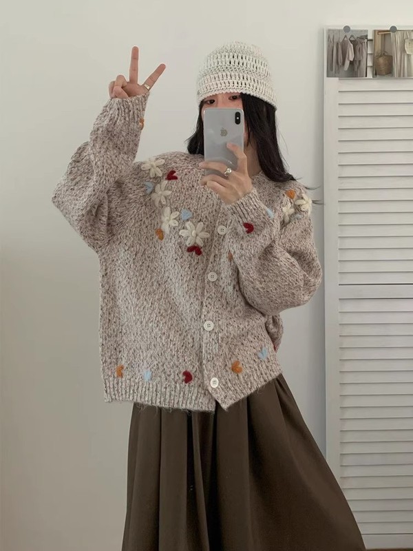 韩系甜美文艺小清新针织衫女2025秋冬新款慵懒风百搭宽松开衫毛衣|undefined