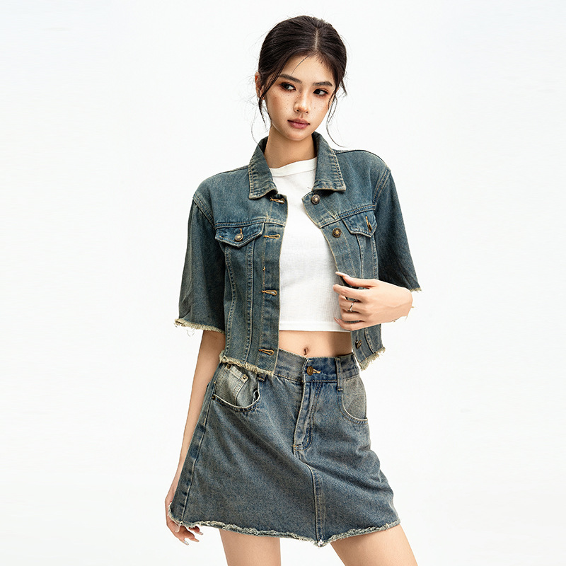 Chica caliente Hong Kong estilo denim vestido de mujer de verano francesa bordilla manga corta abrigo vestido de busto dos piezas set