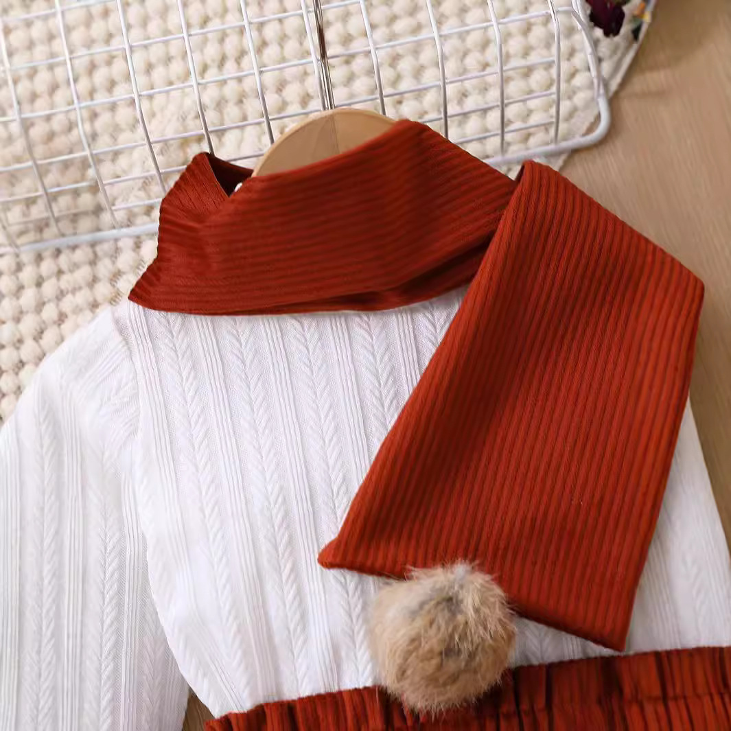 Abbigliamento per bambini, moda bambina, gonna corta a maniche lunghe con sciarpa a palline di lana + basco, set da 4 pezzi_voghion.com