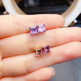 跨境专供天然紫水晶S925耳钉5*5mm珠宝首饰手链女生配饰批发