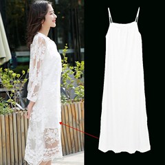 Women's Long-Sleeve Bodysuit Dress with White Lining, Mid-Long Length, Slip Dress with Tank Top for Autumn, Transparent Prevention, Cotton Backless Bodysuit