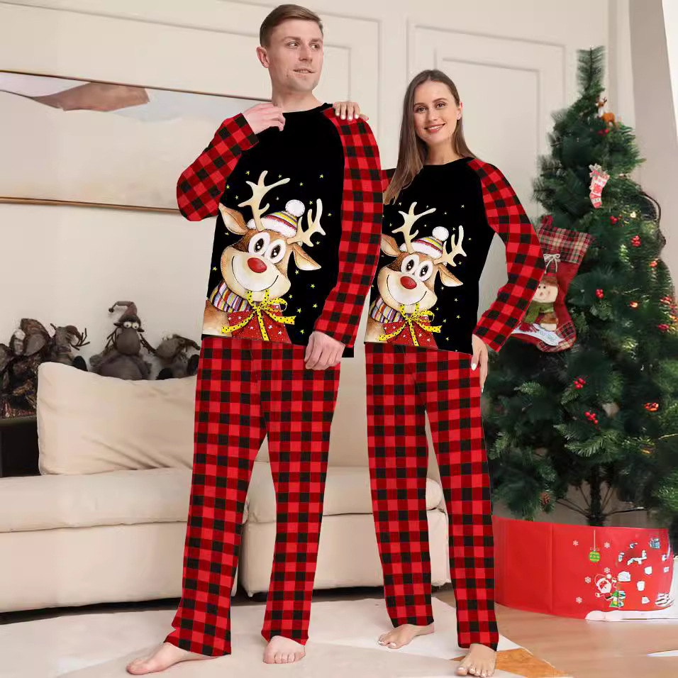 Kerst Cartoon Fawn geruite Kerst familie jurk bedrukte huis jurk pyjama_voghion.com