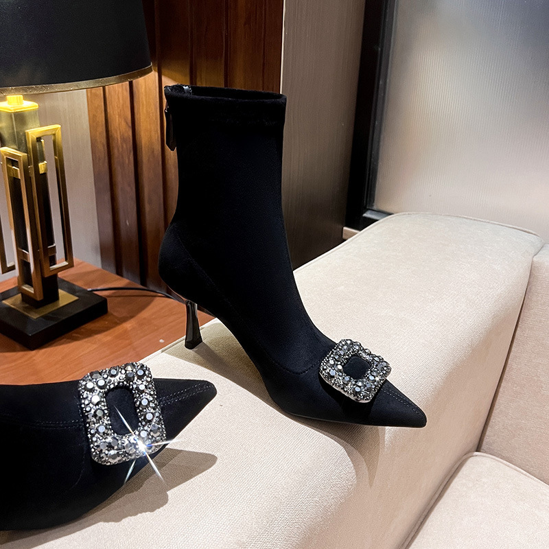 168-6 flashing rhinestone pointed stiletto heel stretch boots socialite high heel elegant short boots Women's thin boots all-matching