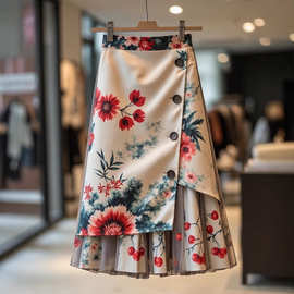 法式复古樱桃印花半身裙女2025秋季新款独特漂亮不对称中长款裙子