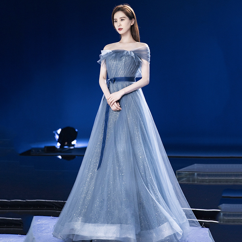 Banquet Evening Dress 2024 Autumn Blue One-Shoulder Elegant Long Dress Host Art Examination Annual Meeting Performance Dress