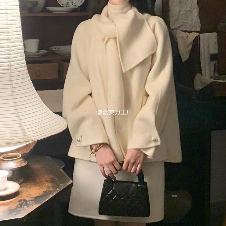 法式千金风白色毛呢大衣外套女深冬装搭配一整套裙子