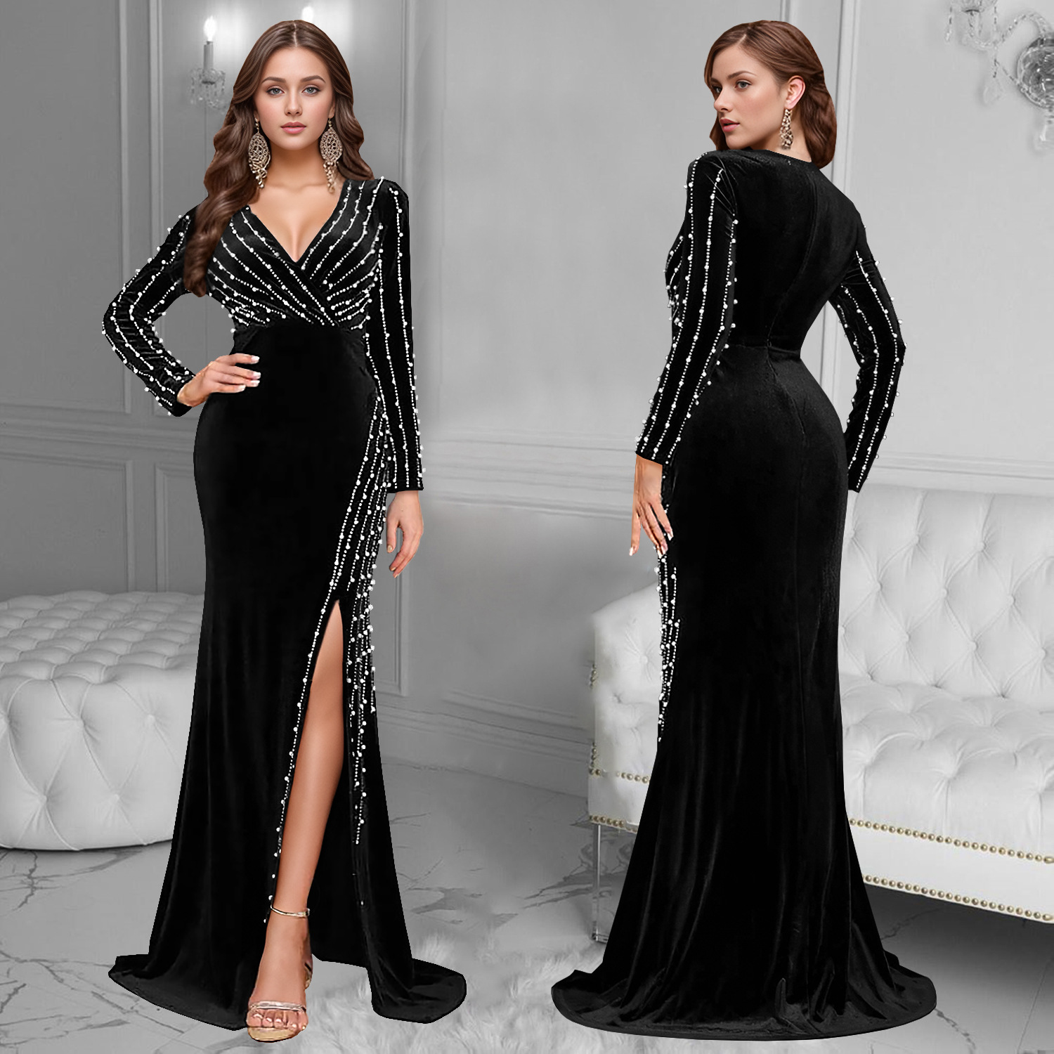 C7269 AliExpress transfronterizo Amazon Europa y América ropa de mujer sexy profunda V perlas de clavo caliente perforación bifurcada vestido largo mujer