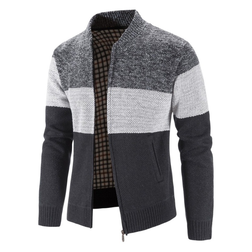 Suéter de hombre nuevo de otoño e invierno con forro polar, talla grande, suéter tipo chaqueta para hombre de Amazon, cárdigan con cuello alto y bloques de color