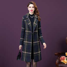 工厂直销外贸女装时尚呢子大衣女 高端中长款西装领格子毛呢外套
